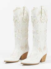 Off White Embroidered Pearl Studded Pointed Toe Slanted Heel Western Mid Calf Boots